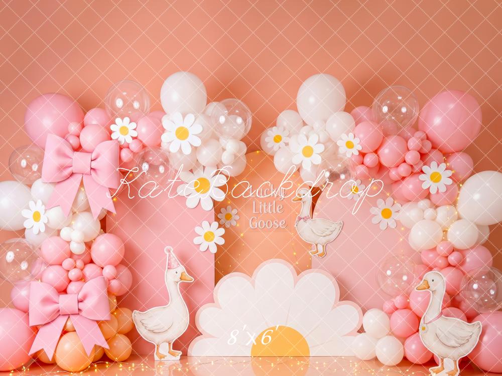 Kate Cake Smash Pink Daisy Balloons Silly Goose Bows Printed Backdrop Designed by Patty Roberts
