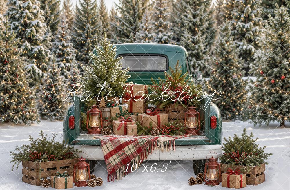 Kate Christmas Truck Gifts Pine Trees Plaid Blanket Snow Printed Backdrop Designed by Emetselch