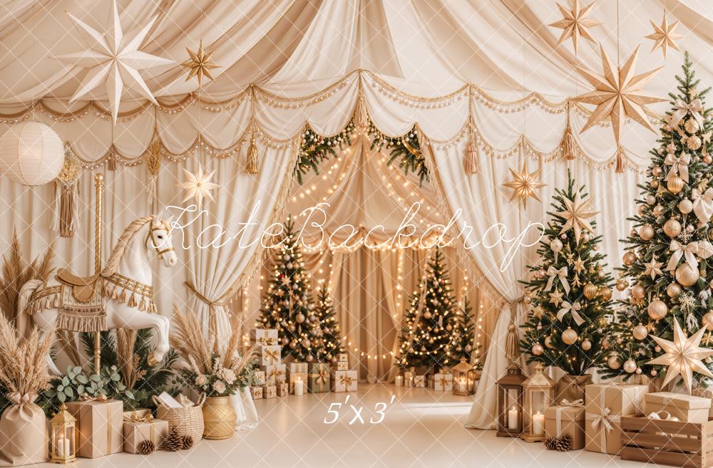 Lightning Deal Kate Christmas Circus Trees White Gold Draped Star Decor Printed Backdrop Designed by Emetselch