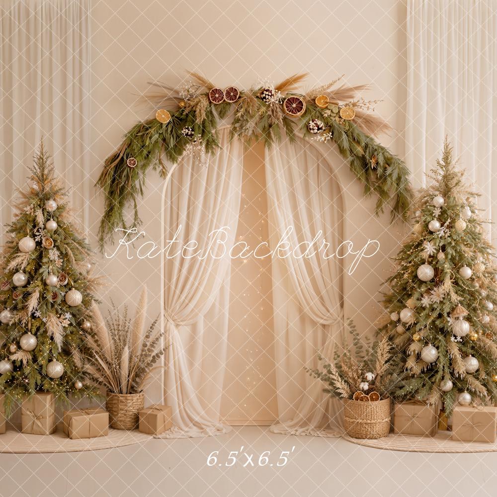 Kate Christmas Boho Flower Arch Cream Drapes Neutral Trees Printed Backdrop Designed by Emetselch