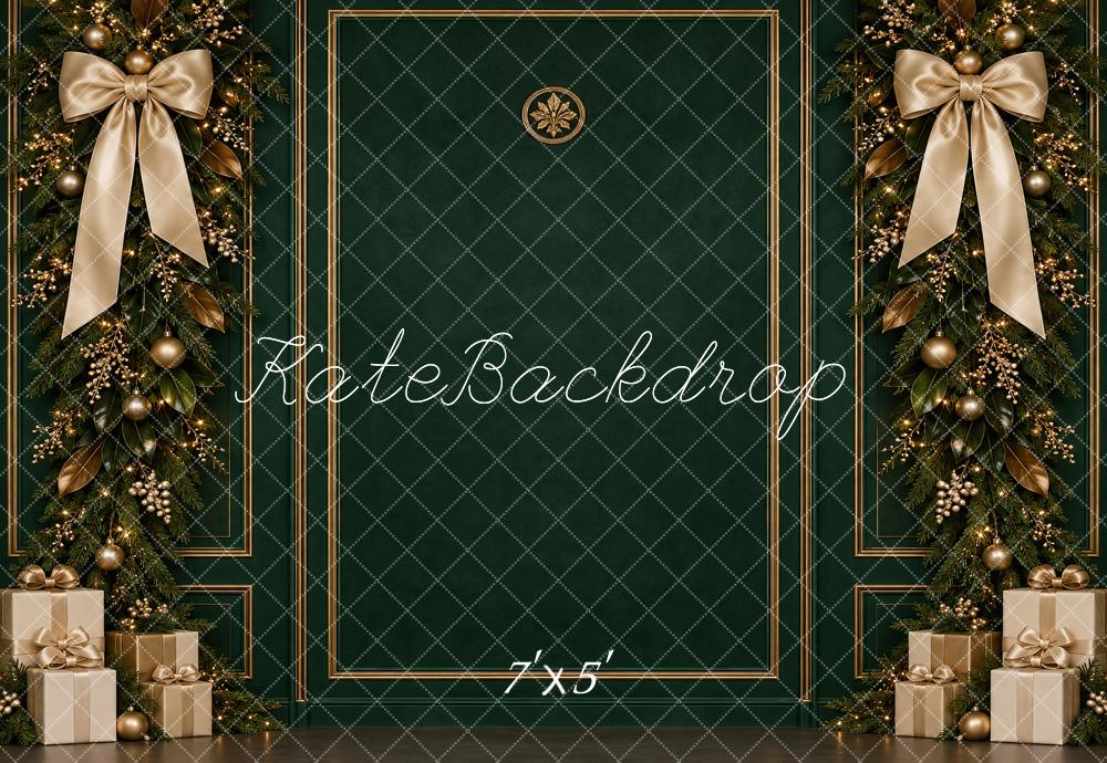 Kate Christmas Green Gold Garland Bows Gifts Printed Backdrop Designed by Vertigo Productions