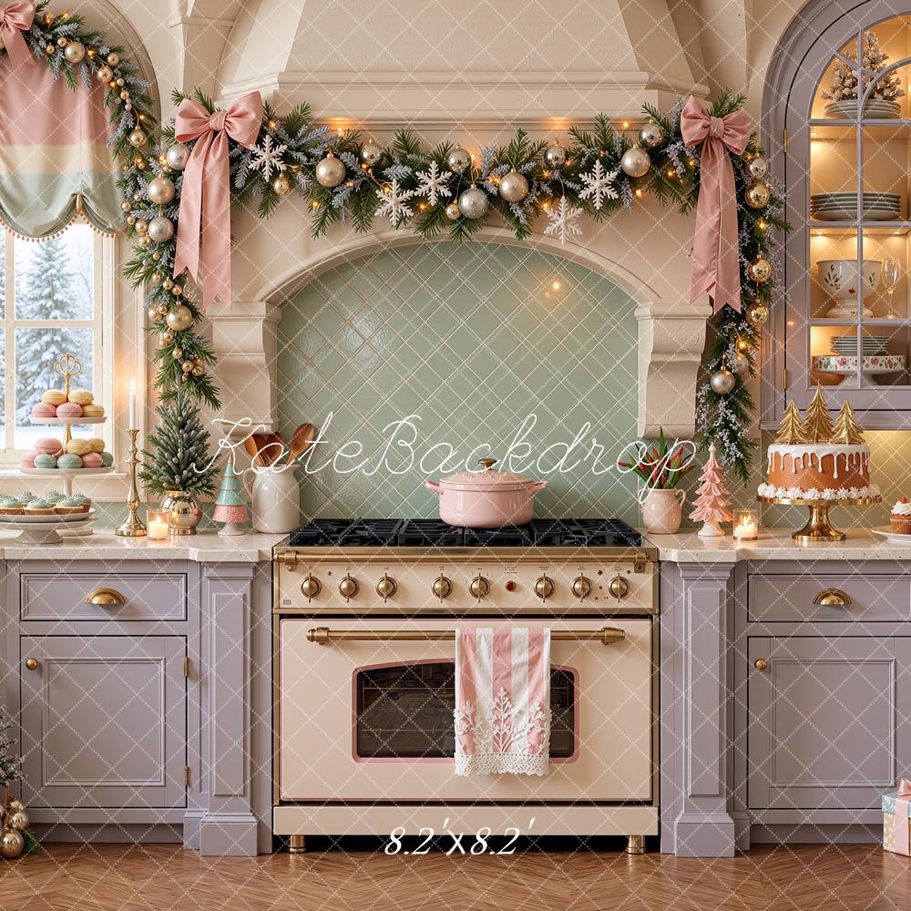 Kate Christmas Pastel Kitchen Garland Stove Baking Purple Printed Backdrop Designed by Shutter Swan Studios