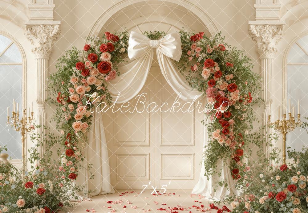 Kate Valentines Flower Arch Bow Ivory Columns Roses Indoor Backdrop Designed by Emetselch
