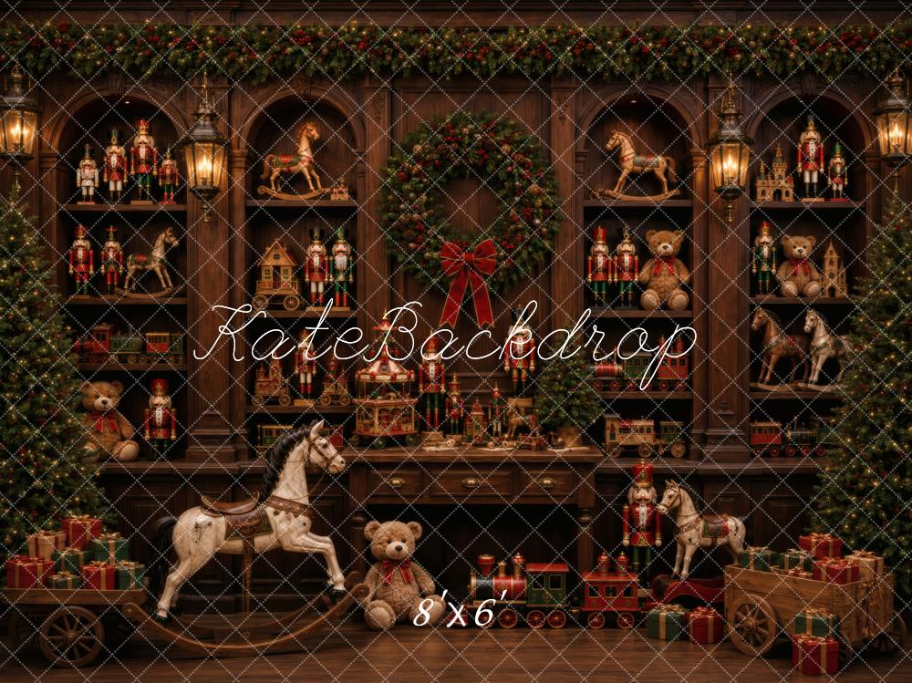 Kate Christmas Toy Shop Nutcracker Rocking Horse Wreath Printed Backdrop Designed by Vertigo Productions