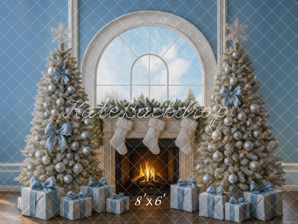 Kate Christmas Trees Silver Blue Fireplace Gifts Window Backdrop Designed by Mini MakeBelieve