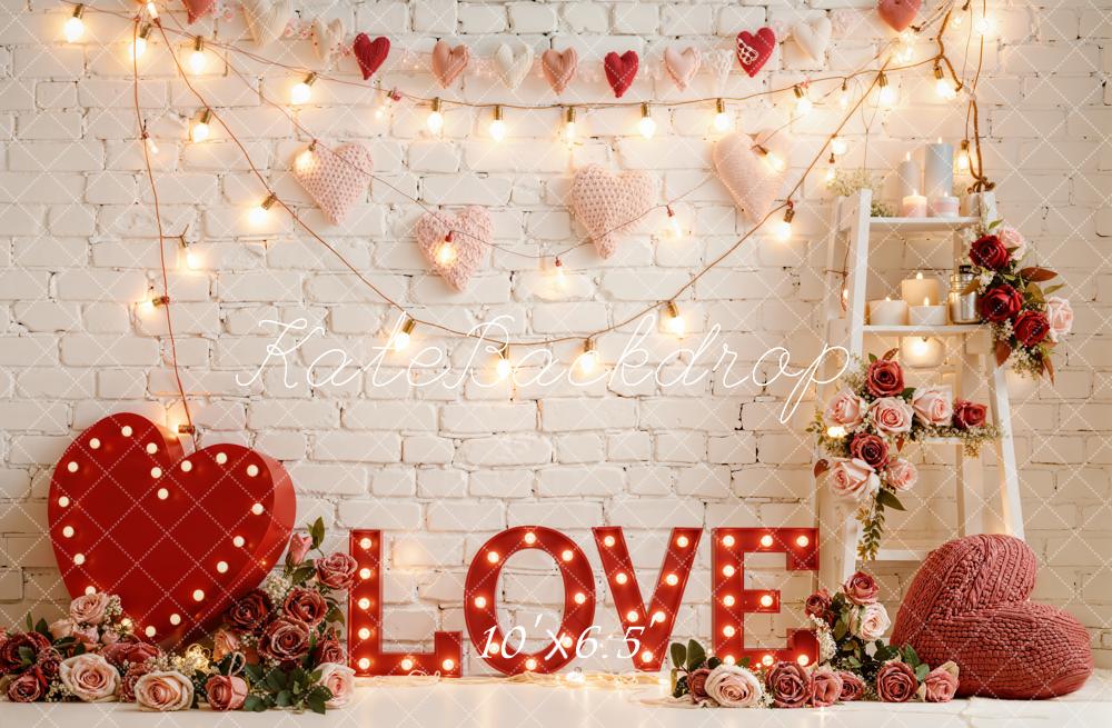 Kate Valentine's Day Love Heart Roses Lights Printed Backdrop Designed by Emetselch