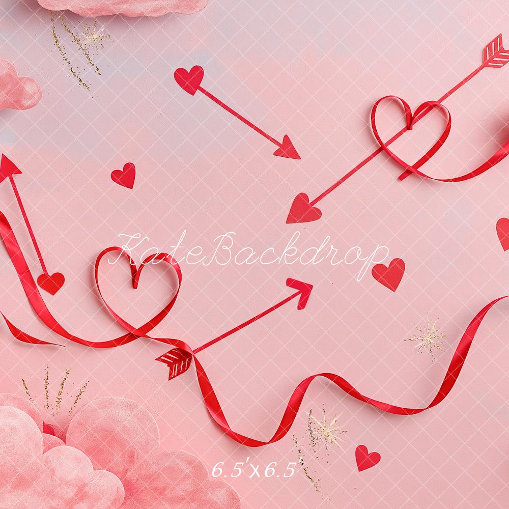 Kate Valentine's Day Pink Hearts Arrows Ribbon Clouds Printed Backdrop Designed by Angela Miller
