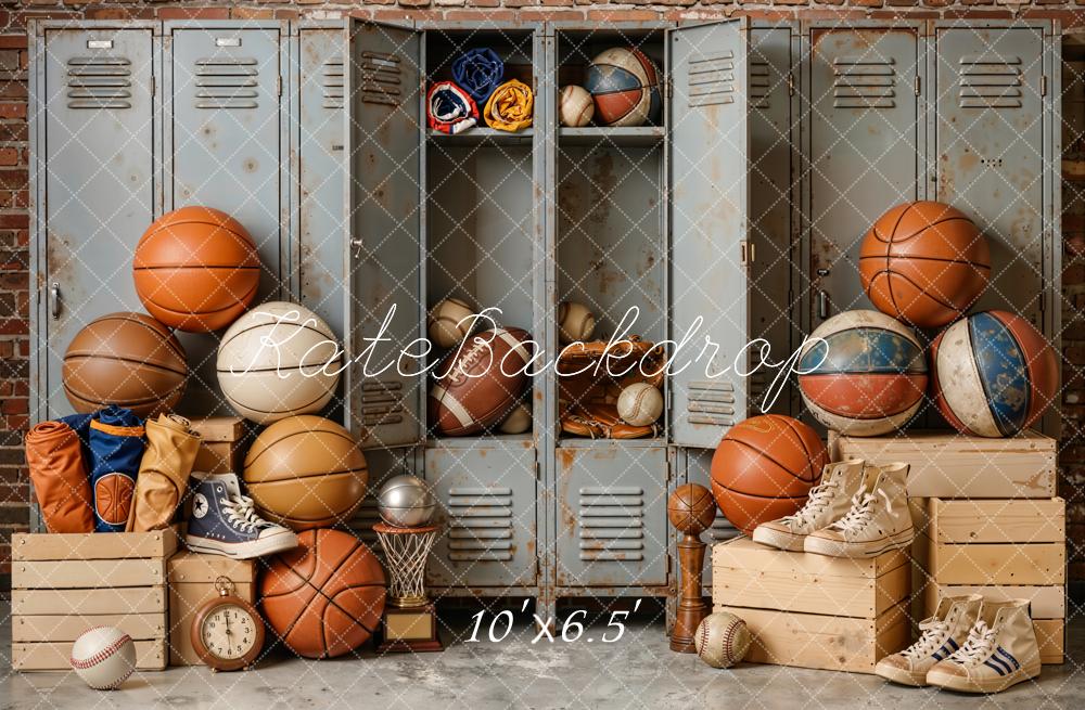 Kate Vintage Sports Locker Room Balls Lockers Brick Wall Sneakers Printed Backdrop Designed by Emetselch