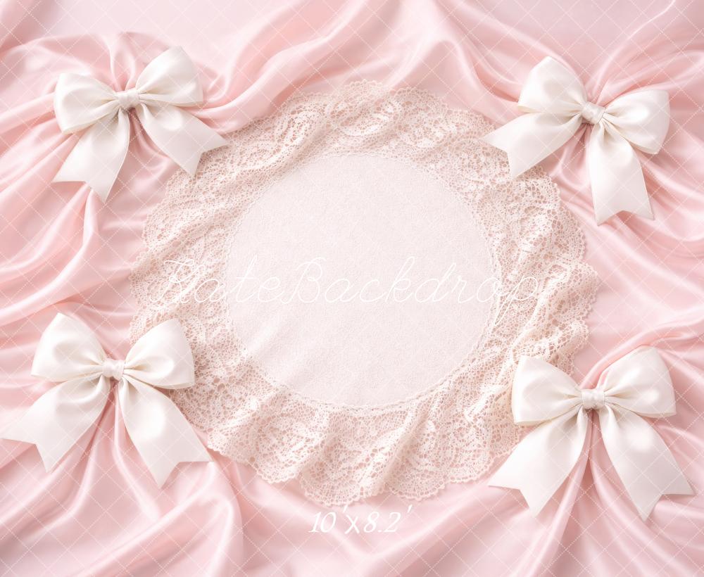 Kate Newborn Pink Satin Bows Lace Doily Backdrop Designed by Megan Leigh Photography