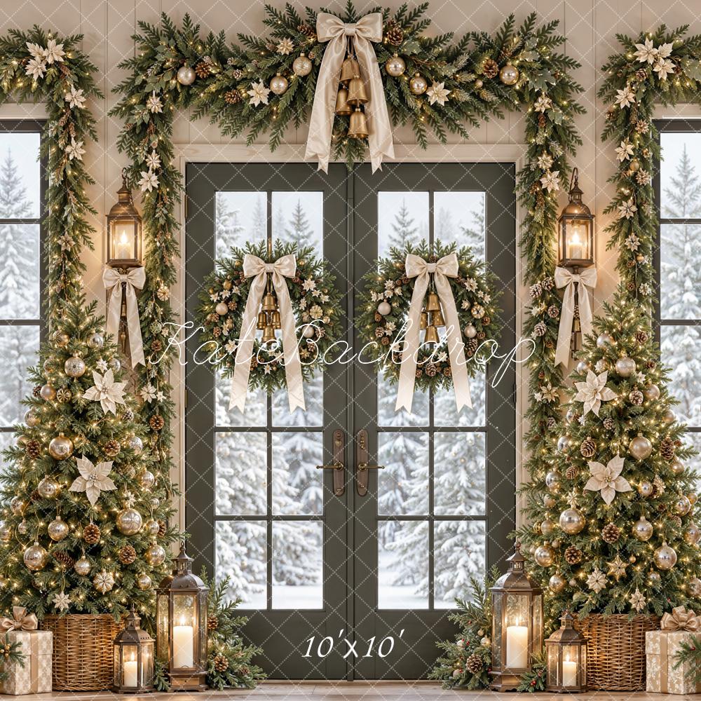 Kate Christmas Tree Garland Deer French Door Snow Printed Backdrop Designed by Emetselch
