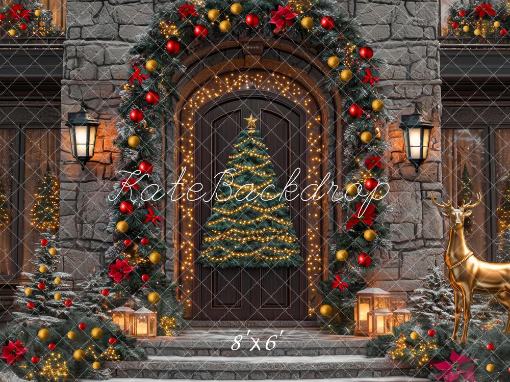 Kate Christmas Tree Front Door Gold Reindeer Stone Backdrop Designed by Mini MakeBelieve