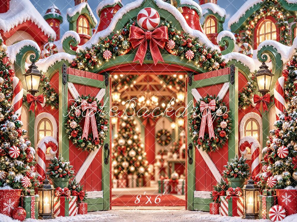 Kate Christmas Fantasy Candy Cane Barn Door Wreath Printed Backdrop Designed by Emetselch