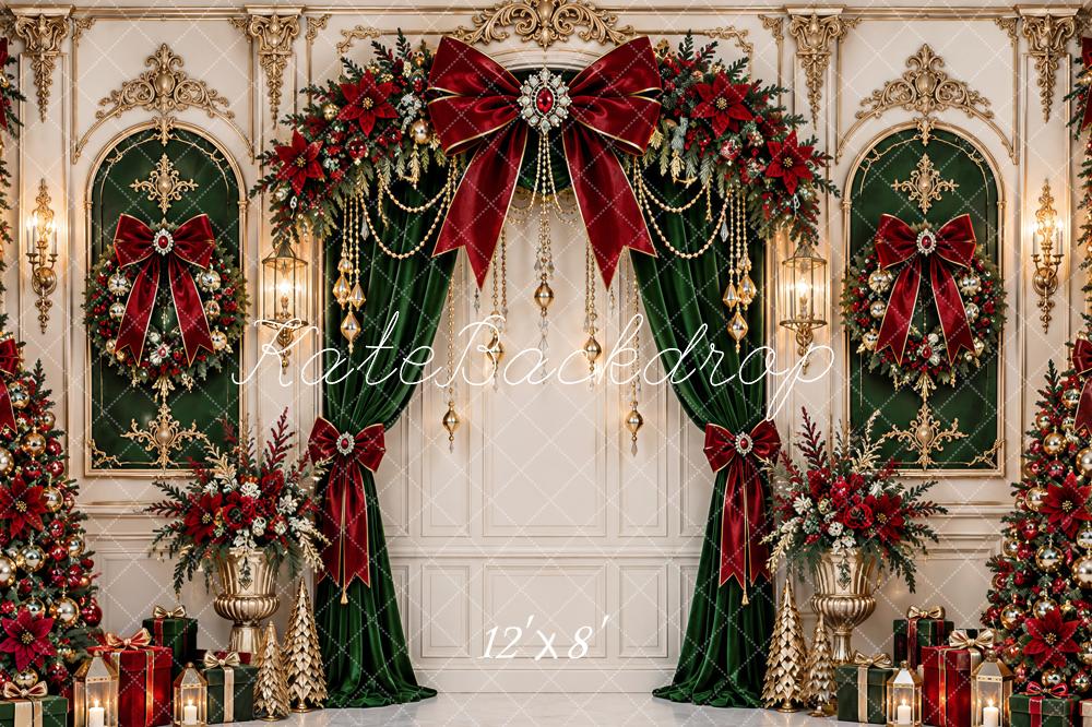 Kate Christmas Opulent Baroque Red Bow Arch Curtains Vintage Printed Backdrop Designed by Ashley Paul