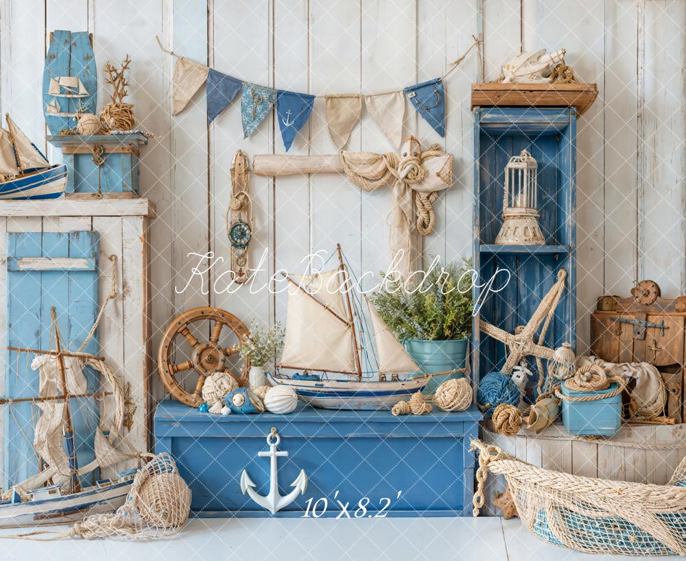 Kate Nautical Blue Sailboat Starfish Anchor Decor Backdrop Designed by Emetselch