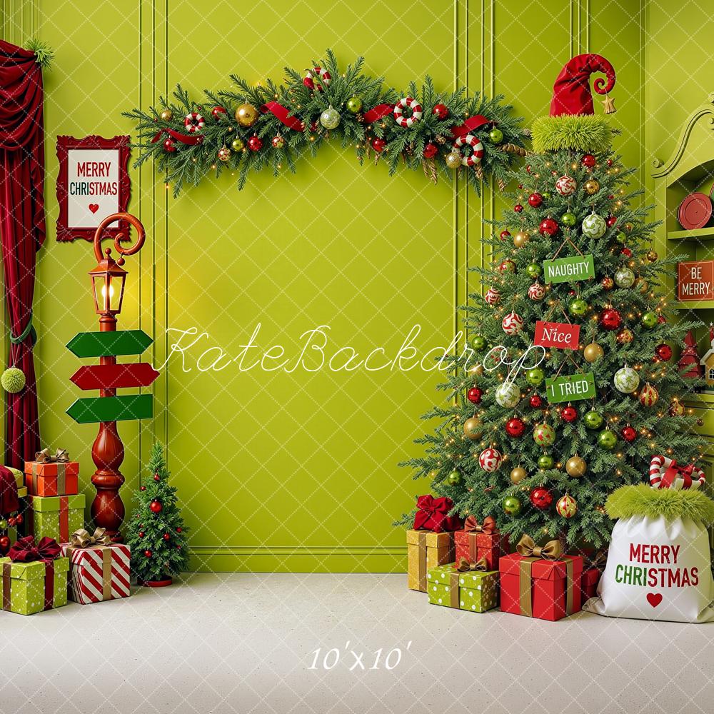 Kate Christmas Elf Green Tree Garland Window Shelf Printed Backdrop Designed by Shutter Swan Studios