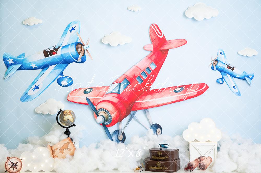 Kate Cake Smash Airplane Clouds Globe Suitcase Map Backdrop Designed by Megan Leigh Photography