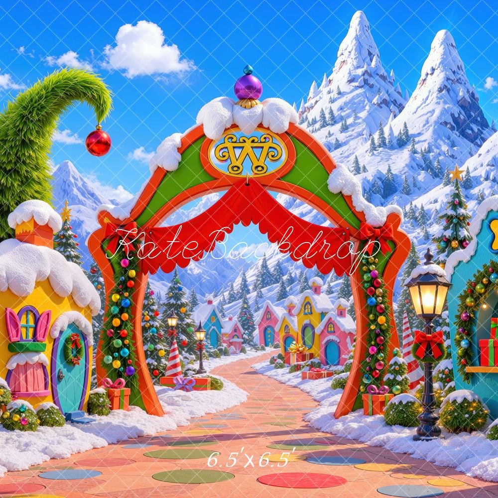 Kate Christmas Whimsical Whoville Village Arch Snowy Mountains Printed Backdrop Designed by Mini MakeBelieve
