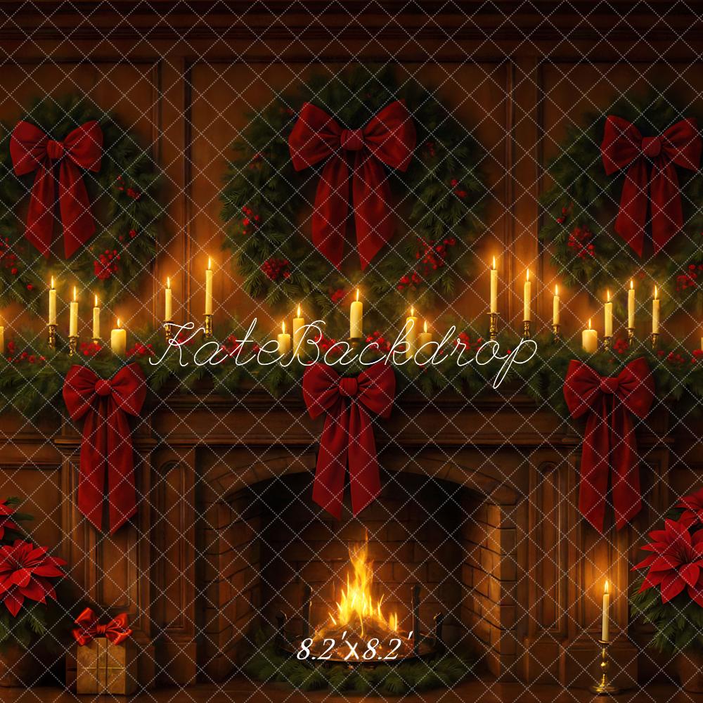 Kate Christmas Fireplace Wreaths Red Bows Candles Backdrop Designed by Mini MakeBelieve