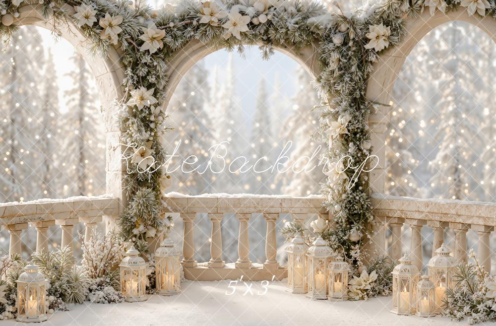 Kate Christmas Balcony Snowy Floral Arch Lanterns Printed Backdrop Designed by Emetselch