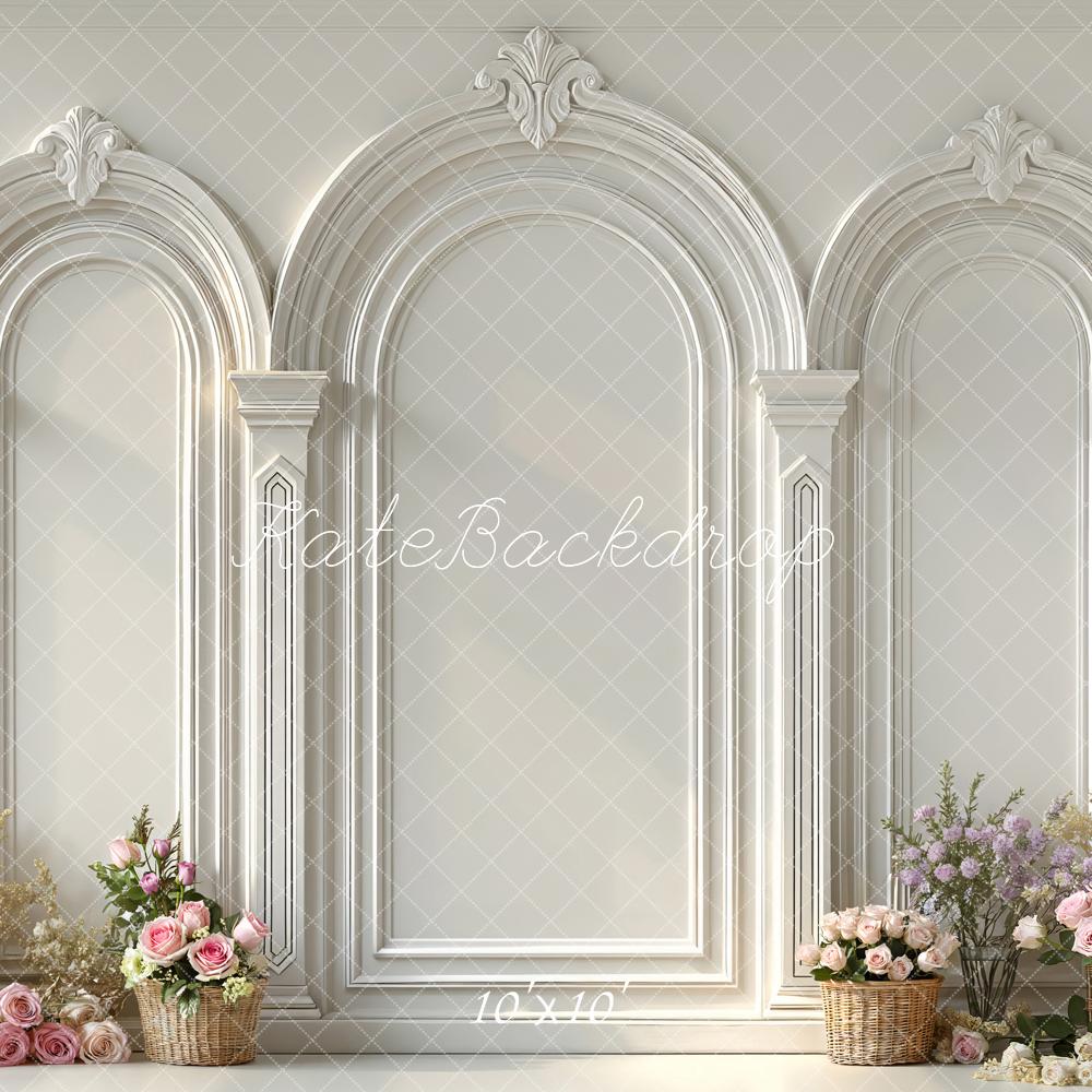 Kate White Arch Wall Flower Arrangement Printed Backdrop Designed by Mini MakeBelieve