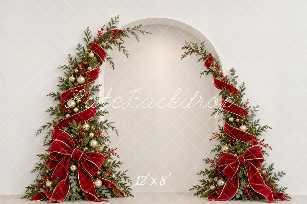Kate Christmas Arch Red Ribbon Bow Garland White Wall Printed Backdrop Designed by Emetselch