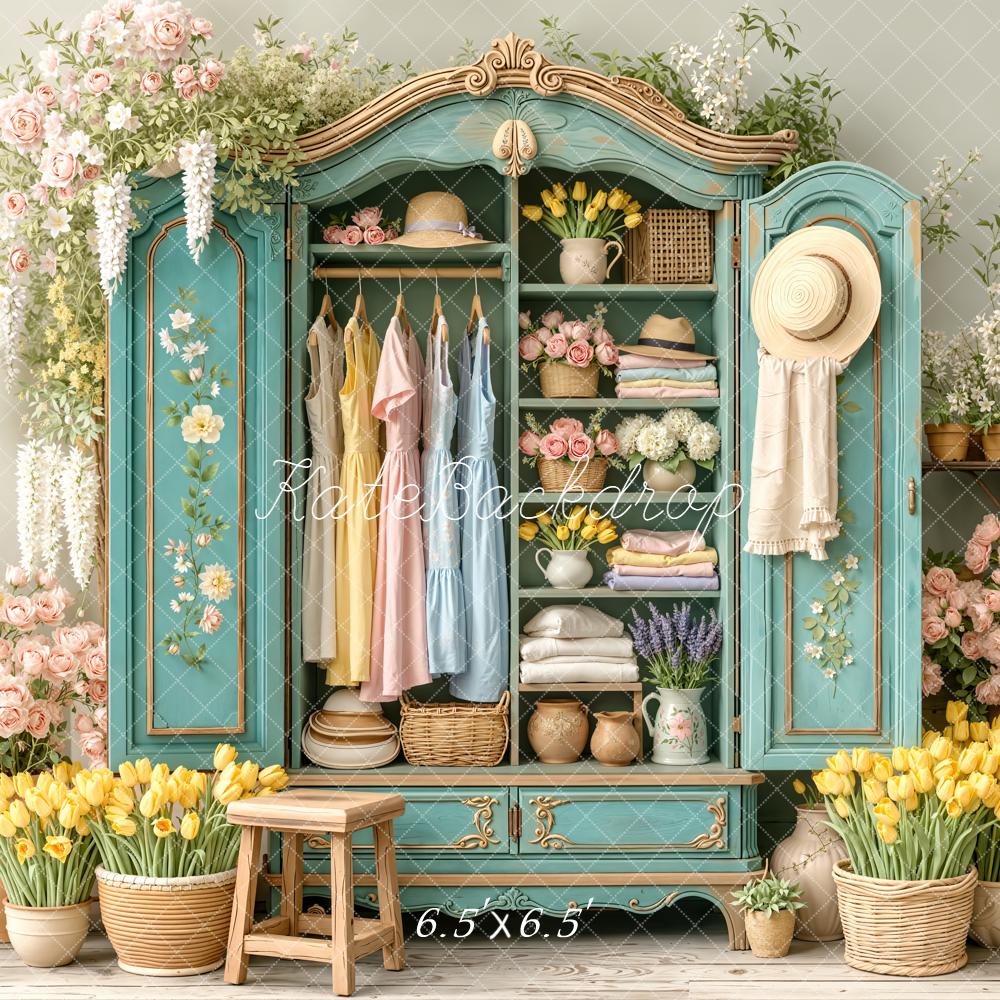 Kate Spring Cabinet Flowers Dresses Teal Printed Backdrop Designed by Emetselch