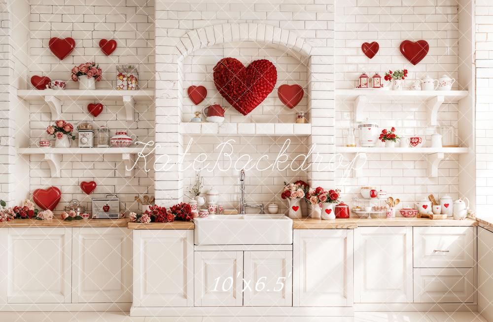 Kate Valentine's Day Red Heart Kitchen White Shelves Roses Backdrop Designed by Emetselch