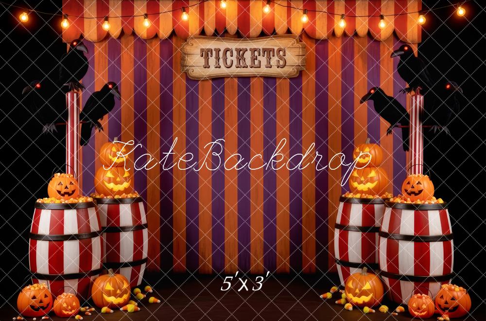 Kate Halloween Circus Pumpkins Barrels Striped Curtain Backdrop Designed by Patty Roberts
