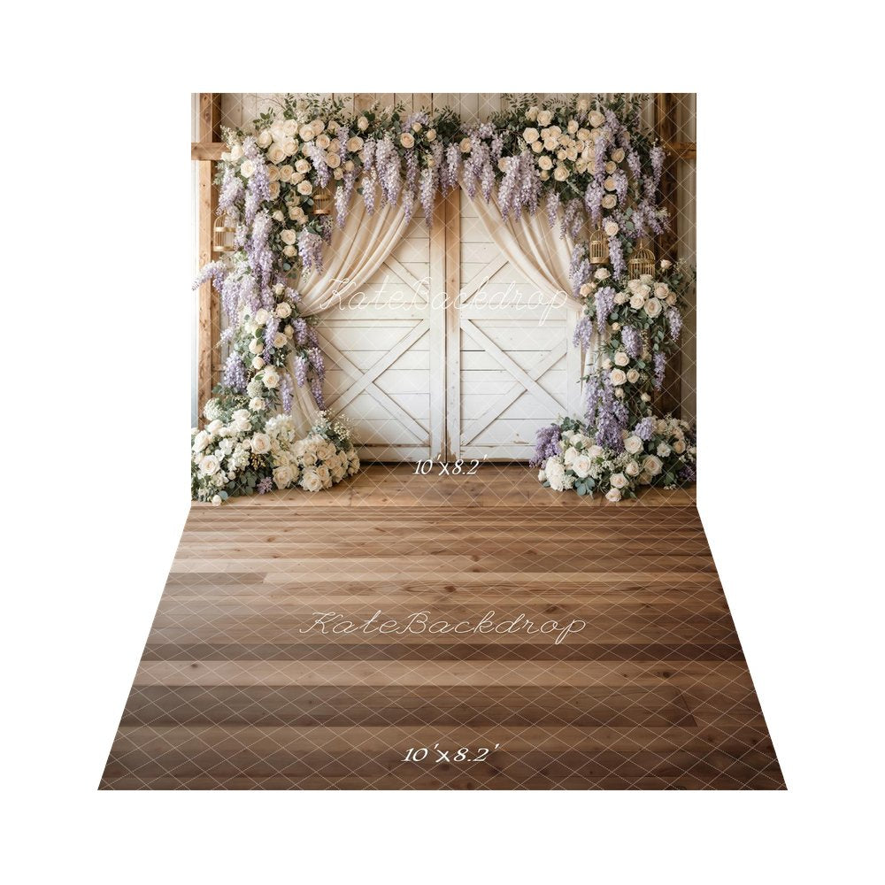 Kate Spring Flower Arch White Barn Door Lavender Roses Backdrop+Brown Wood Plank Floor Backdrop
