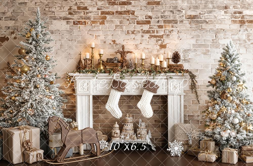 Kate Christmas Fireplace Frosted Trees Vintage Brick Wall Backdrop Designed by Emetselch