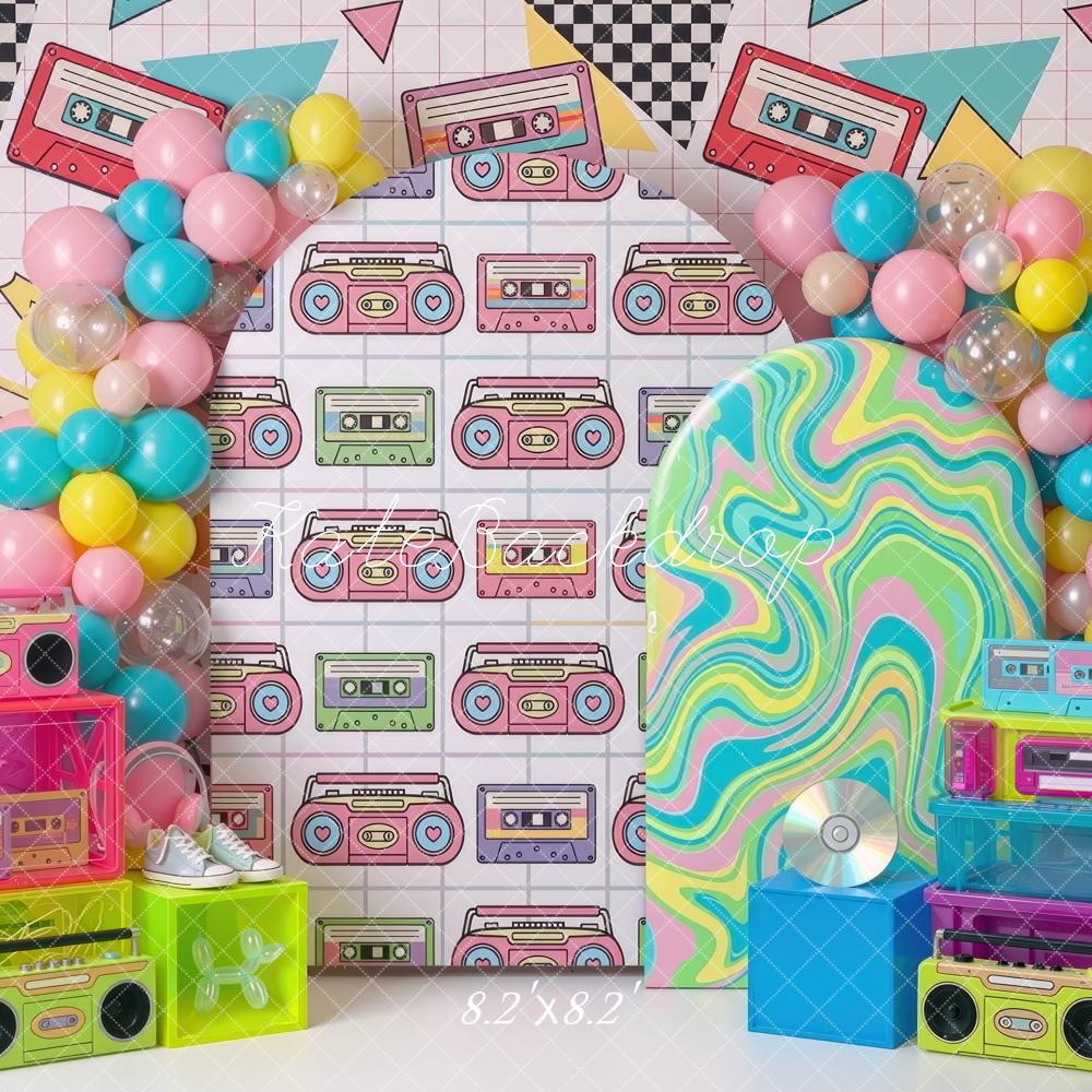Kate Birthday 90s Retro Cassette Tape Boombox Neon Geometric Graffiti Printed Backdrop Designed by Mini MakeBelieve