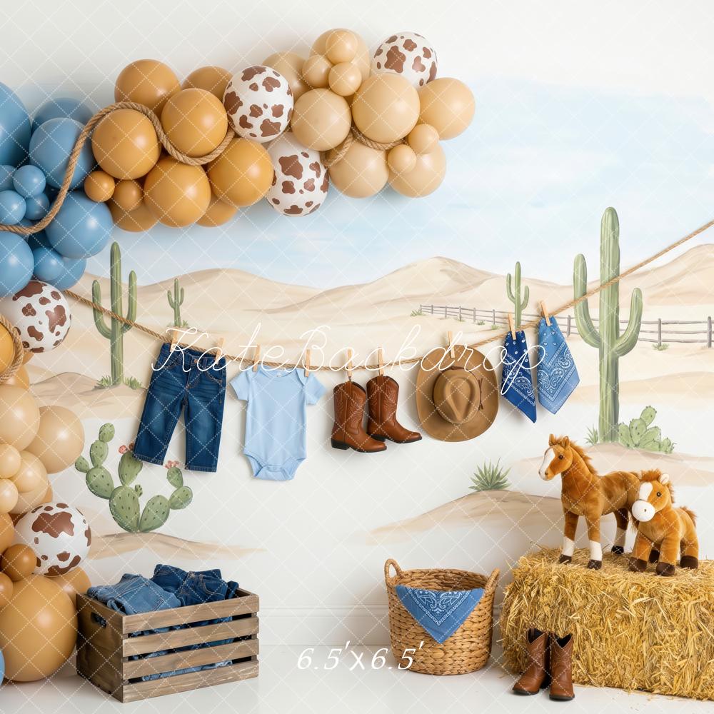 Kate Birthday Western Cowboy Cactus Desert Balloons Clothesline Printed Backdrop Designed by Patty Roberts