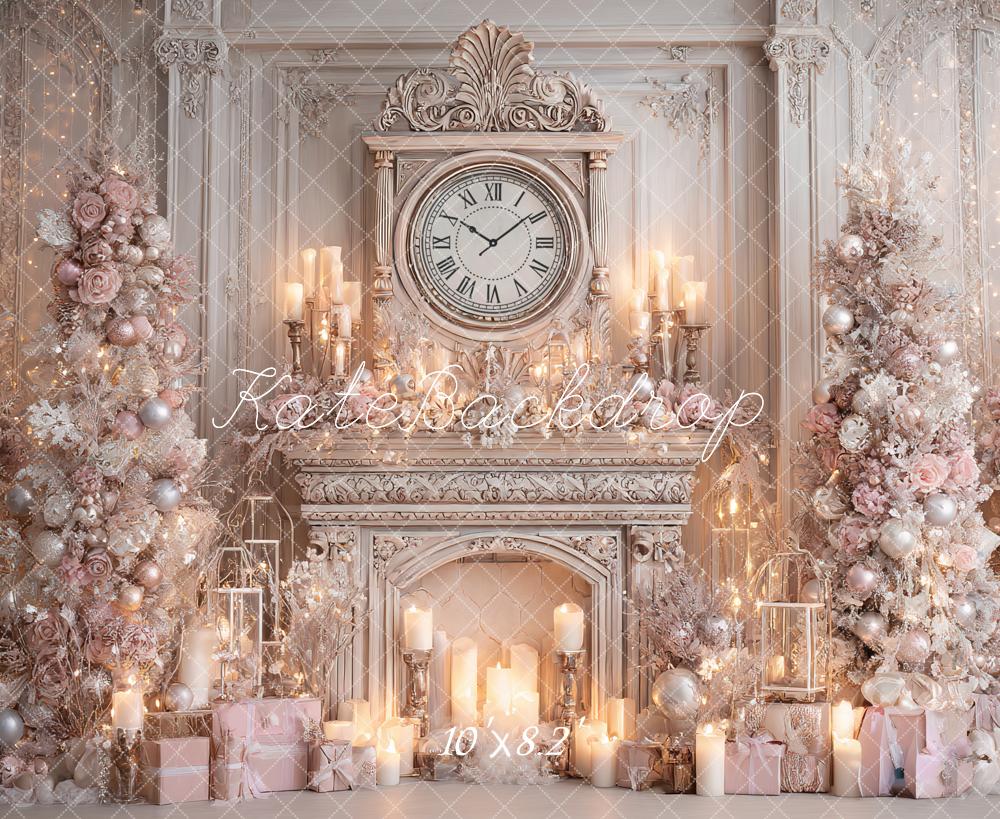 Kate Christmas Fireplace Clock Candles Tree Pink Luxury Backdrop Designed by Ashley Paul