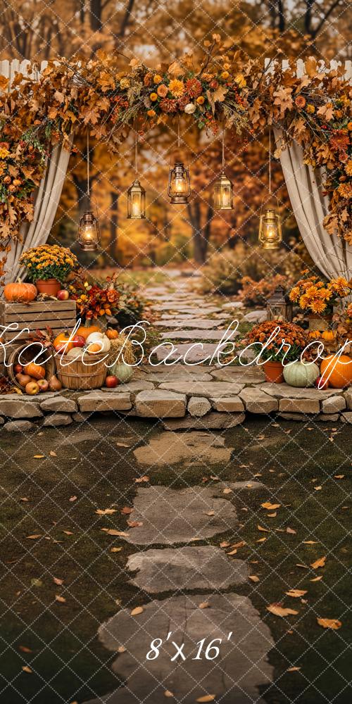 Kate Sweep Fall Flower Arch Pumpkins Lanterns Stone Path Printed Backdrop Designed by Patty Roberts