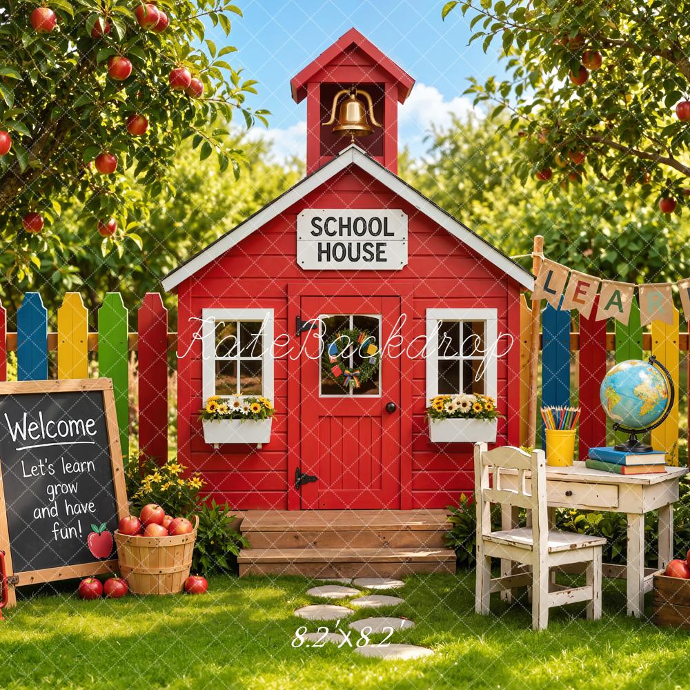 Kate Back to School Red Schoolhouse Apple Trees Crayons Desk Printed Backdrop Designed by Emetselch