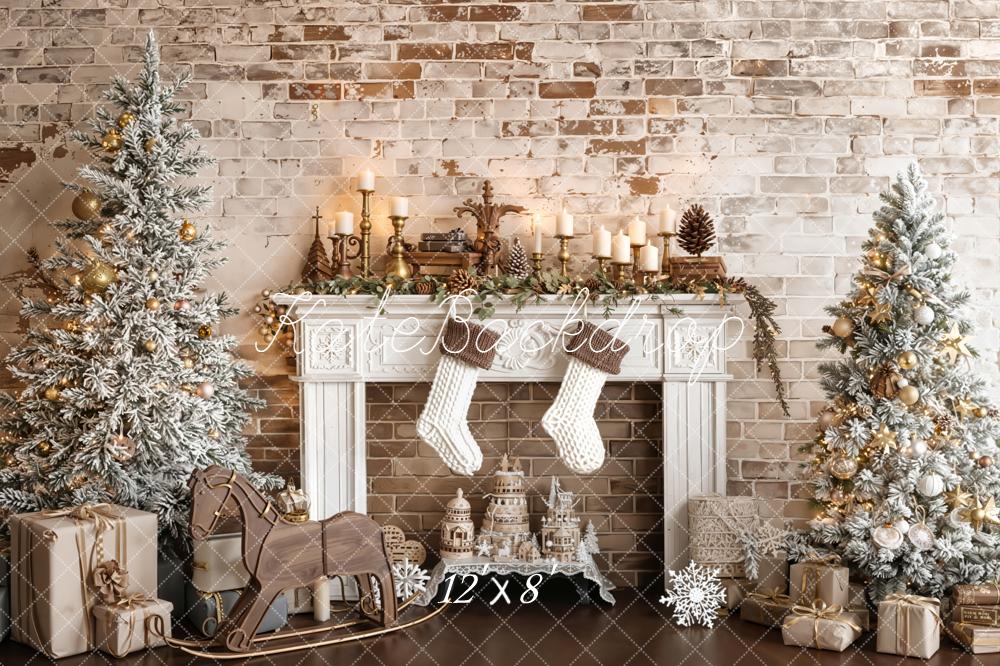 Kate Christmas Fireplace Frosted Trees Vintage Brick Wall Backdrop Designed by Emetselch