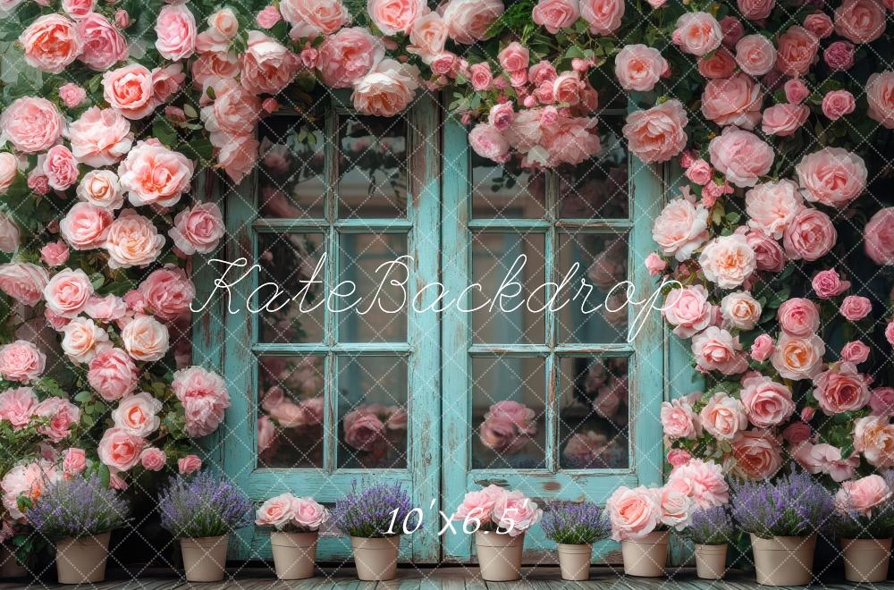 Kate Spring Teal Double Doors Pink Roses Backdrop Designed by Mini MakeBelieve