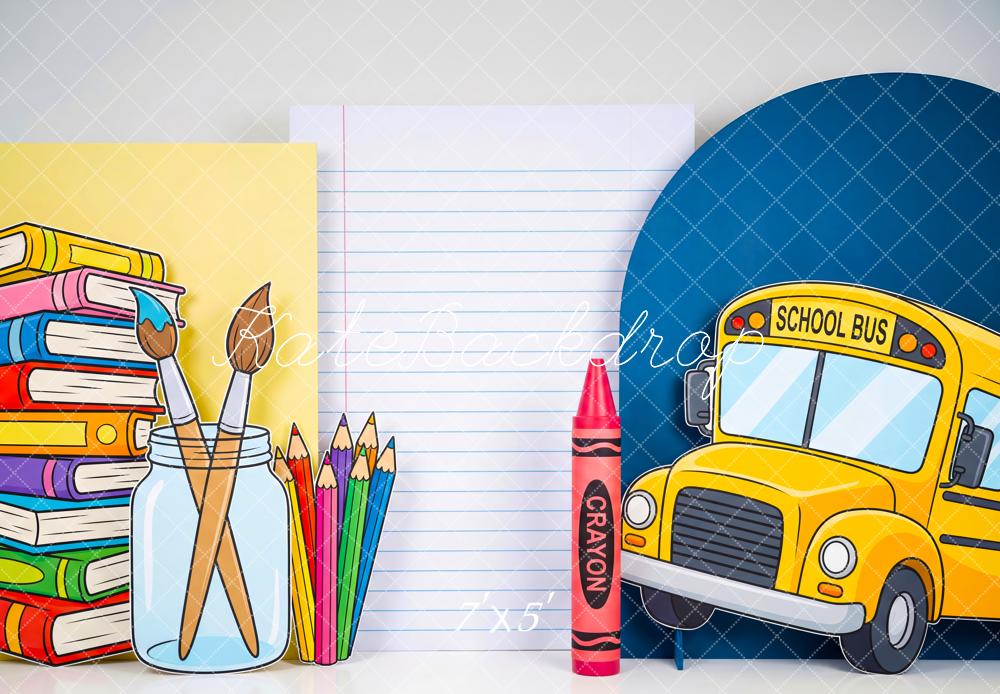 Kate Back to School School Bus Books Art Supplies Crayon Printed Backdrop Designed by Patty Roberts