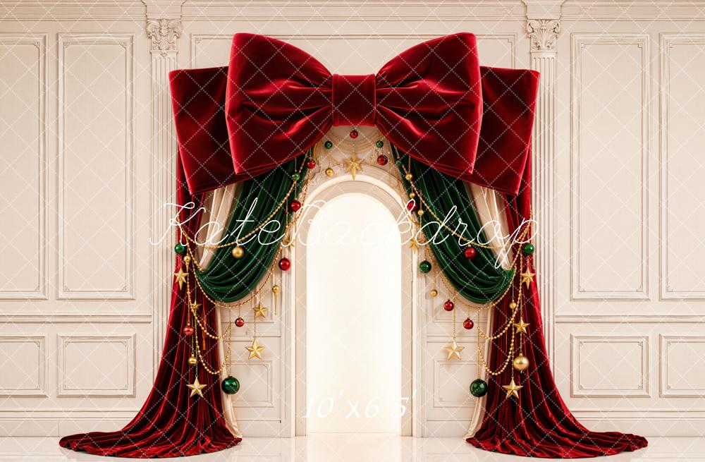 Kate Christmas Red Velvet Bow Arch Ornaments Printed Backdrop Designed by Emetselch