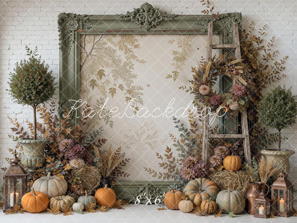 Kate Fall Pumpkin Lantern Wreath Ladder Vintage Frame The Forgotten Copiary Printed Backdrop Designed by Ashley Ward