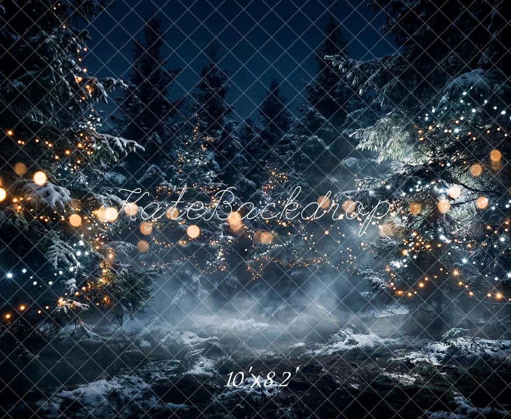 TEST Kate Christmas Snowy Forest String Lights Night Printed Backdrop Designed by Happy Squirrel Design