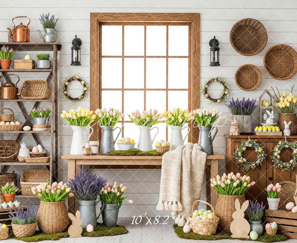 Kate Easter Bunny Flowers Tulips Baskets Pastel Eggs Printed Backdrop Designed by Patty Roberts