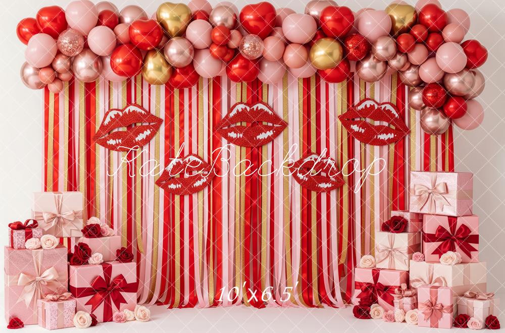 Kate Valentine's Day Red Lips Balloons Gift Boxes Striped Printed Backdrop Designed by Patty Roberts
