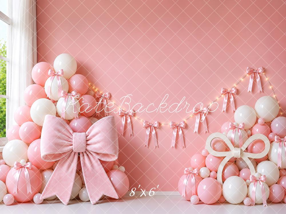 Kate Cake Smash Pink Bow Balloon Garland Printed Backdrop Designed by Shutter Swan Studios