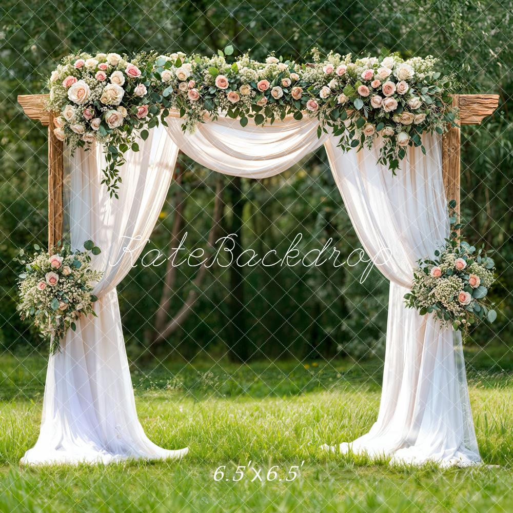 Kate Spring Floral Arch White Drapes Greenery Backdrop Designed by Chain Photography
