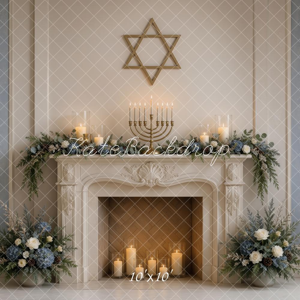 Kate Hanukkah Menorah Star of David Fireplace Floral Printed Backdrop Designed by Ashley Ward