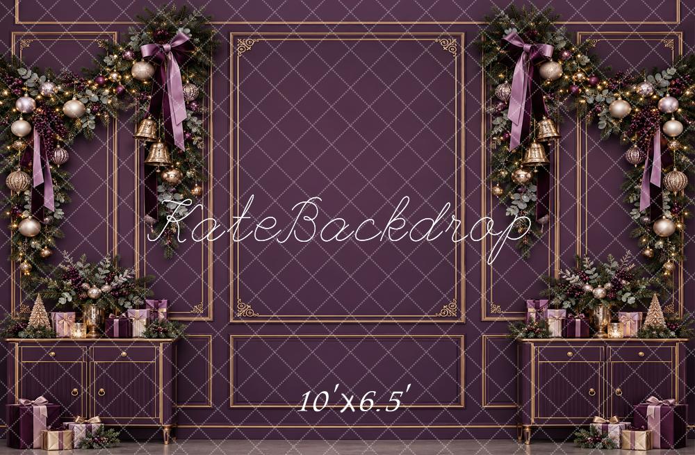 Kate Christmas Purple Garland Cabinet Gold Molding Bows Printed Backdrop Designed by Vertigo Productions