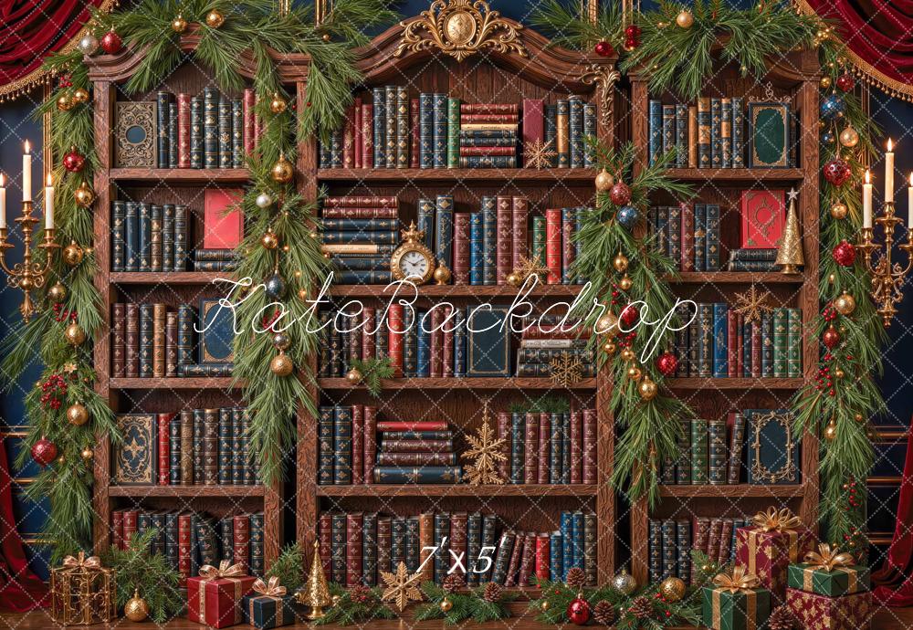 Kate Christmas Vintage Library Bookshelf Garland Printed Backdrop Designed by Mini MakeBelieve