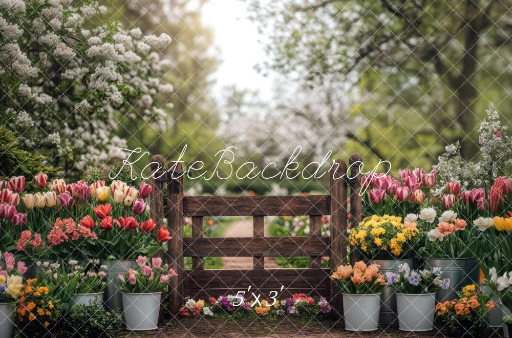 Kate Spring Floral Gate Tulips and Flowers Garden Backdrop Designed by Mini MakeBelieve