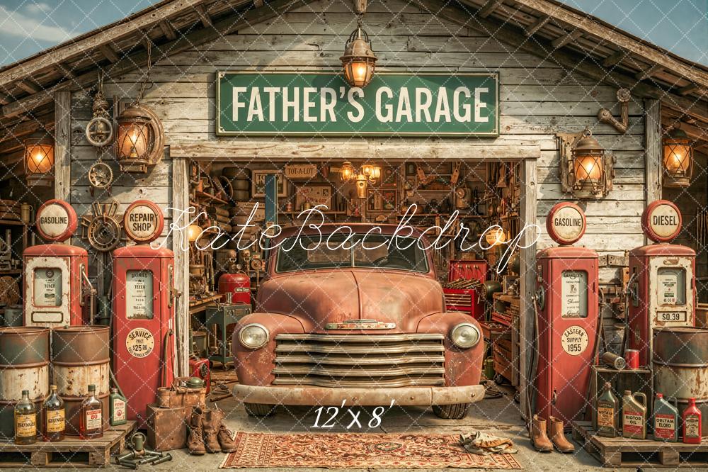 Kate Father's Day Garage Rusty Truck Gas Pumps Printed Backdrop Designed by Chain Photography